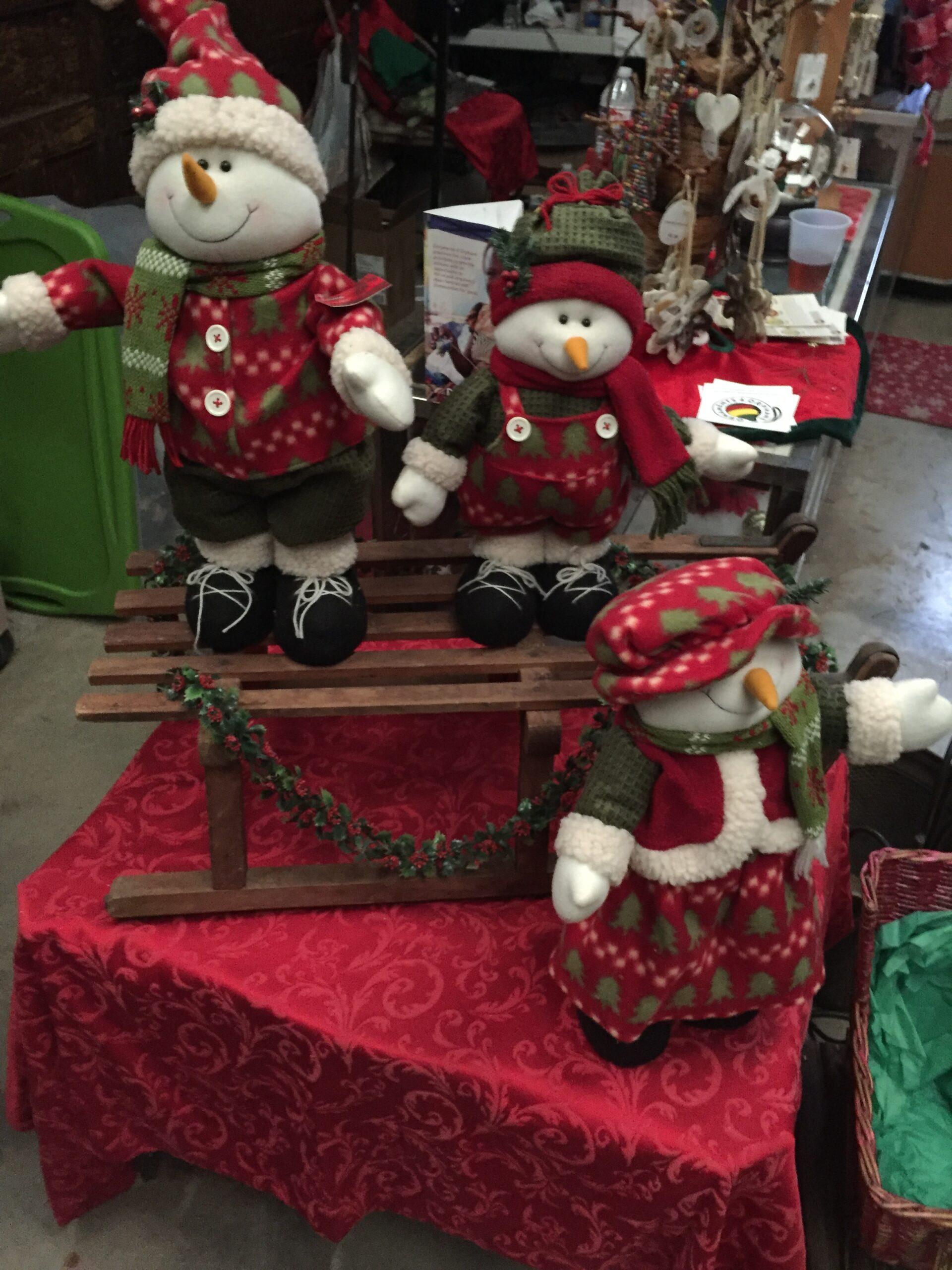 Three snowman decorations available in our gift shop at Haynie's Green Acres Christmas Tree Farm